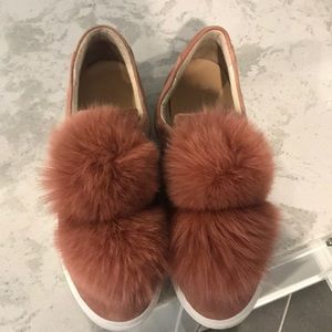 Here/Now Real Fur Pom Pom Slip-Ons